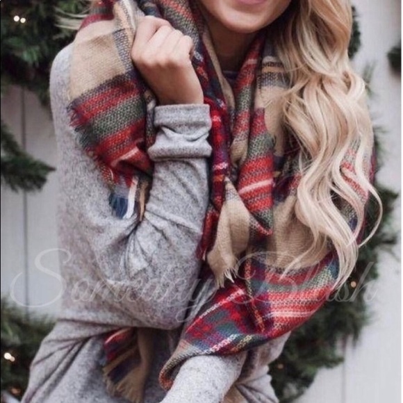 NWT red khaki green plaid square blanket scarf - Picture 2 of 3